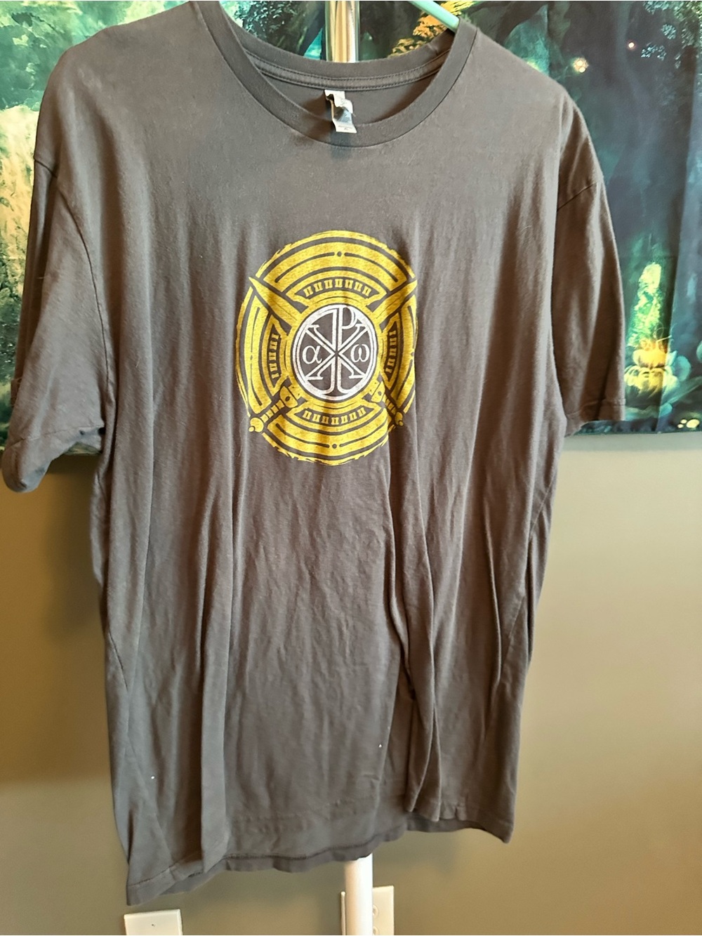 Next Level Apparel Gray Short Sleeve Tee with Yellow Graphic Emblem